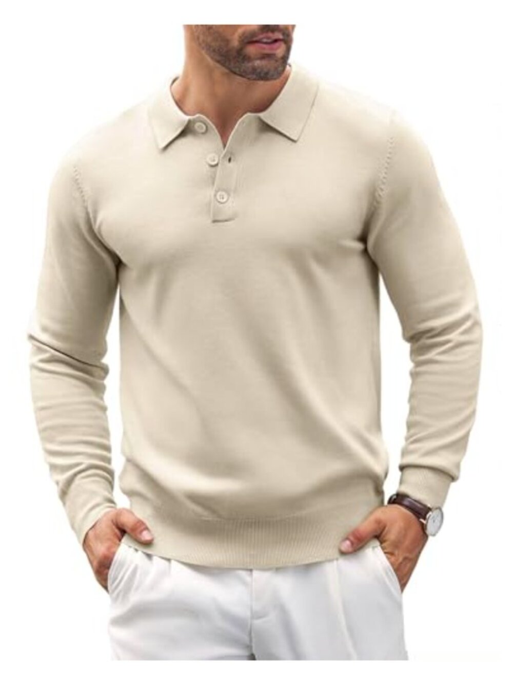 Mens Knit Polo Shirt Long Sleeve Classic Golf Casual Pullover